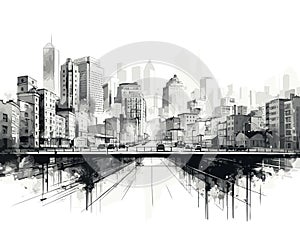 City graphic black white cityscape in hand-drawn style