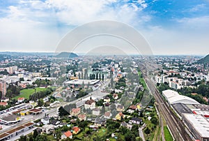 City Graz aerial view with district GÃ¶sting and railway station