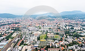City Graz aerial view with district Jakomini, east railway station