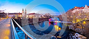 City of Graz Mur river and island evening view