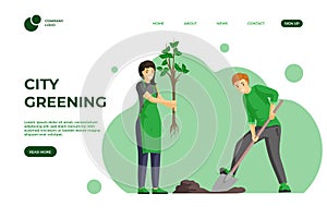 City greening color landing page template. Planting trees, spring gardening works one page website design. Nature care
