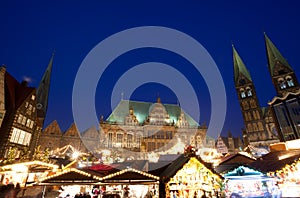 City Hall and Christmas market in Bremen by night