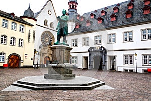City Hall, City Church and Johannes Mueller Monument on Jesuitenplatz in Koblenz, Rhineland, Germany