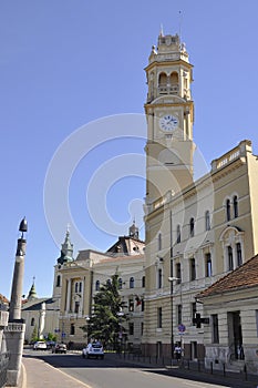 City Hall Clock Tower architecture from Crisul Repede bank of Oradea City in Romania.