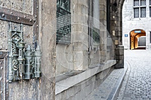 City Hall lock and door pull in Mons, Belgium.