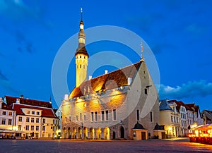 City Hall on market square at night, Tallinn. Estonia