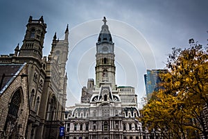 City Hall and the Masonic Temple, in Philadelphia, Pennsylvania.