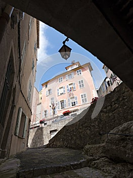 City hall of medieval village callas in the french provence seen from old alley