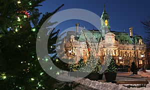 City Hall at Montreal and Christmas trees at dusk