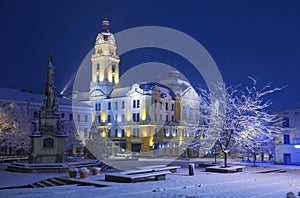 City hall in Pecs at night in winter