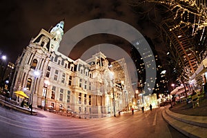 City hall of Philadelphia at night wide angle view