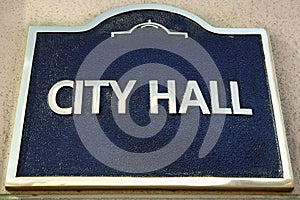 City Hall sign on local government building, close up