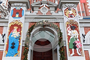 City Hall Square with House of the Blackheads and Saint Peter church in Old Town of Riga Latvia