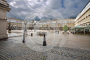 City Hall and statue of Maria Pita on Square on Maria Pita popular vacation spot among locals and tourists, A Coruna, Spain.