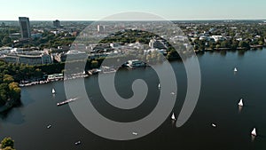 City of Hamburg from above. Panoramic aerial view of Inner Alster Lake Binnenalster in Hamburg, Germany. Center with