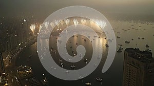 City harbor fireworks display, night, boats, hazy