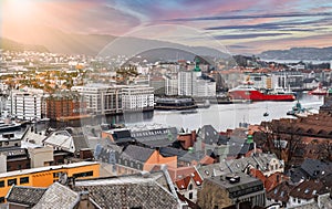 City and harbor landscape of Bergen in Norway.
