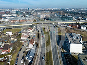 City highway crossroad in Krakow, Poland, Aerial view