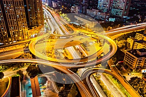 City highway interchange closeup at night