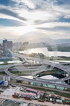 city highway interchange in shanghai on traffic rush hour