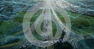 City, highway and road iot network, cars or traffic, digital grid or big data system. Drone transport aerial, urban or