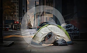 City Homeless Poor Problem tent in street Street