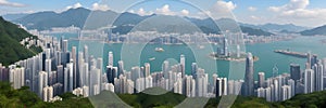 The city of Hong Kong, China, with scenic views of the bay and mountains. Top view