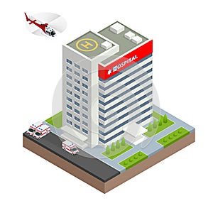 City hospital building with ambulance car and helicopter in flat design. Isometric vector illustration.