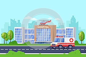 City hospital modern building, vector flat illustration. Clinic medical center, ambulance car and helicopter on roof.