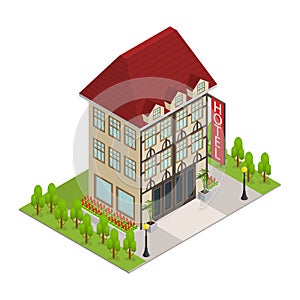 City Hotel Building Isometric View. Vector