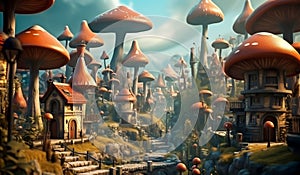 City with house shaped like mushrooms. Enchanted florest. AI generated photo