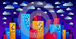 City houses buildings in the night with clouds in the sky paper cut cartoon kids game style vector illustration, modern minimal