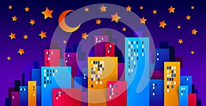 City houses buildings in the night with moon and stars paper cut cartoon kids game style vector illustration, modern minimal