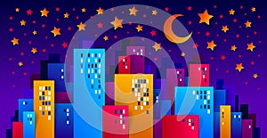 City houses buildings in the night with moon and stars paper cut cartoon kids game style vector illustration, modern minimal
