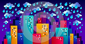 City houses buildings under rain in the night paper cut cartoon kids game style vector illustration, modern minimal design of cute