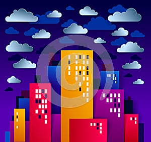 City houses buildings under rain in the night paper cut cartoon kids game style vector illustration, modern minimal design of cute