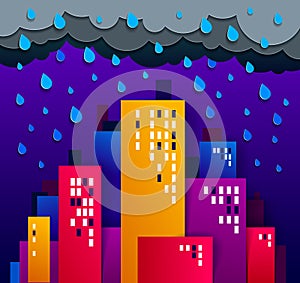 City houses buildings under rain in the night paper cut cartoon kids game style vector illustration, modern minimal design of cute