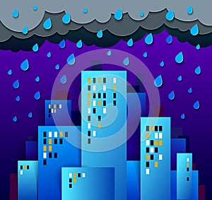 City houses buildings under rain in the night paper cut cartoon kids game style vector illustration, modern minimal design of cute