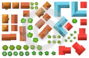 City houses set. Top View from above. Small town house and trees. Cartoon cute style illustration. Vector