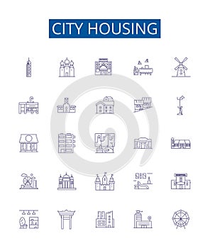 City housing line icons signs set. Design collection of Urban, dwellings, residences, homes, apartments, condos