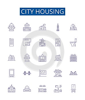 City housing line icons signs set. Design collection of Urban, dwellings, residences, homes, apartments, condos