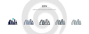City icon in different style vector illustration. two colored and black city vector icons designed in filled, outline, line and