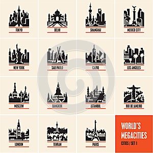 City icons, cityscape, city skyline, cities vector icons set, megacities,