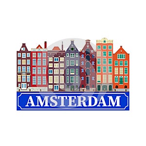 City illustration of the canal houses of Amsterdam