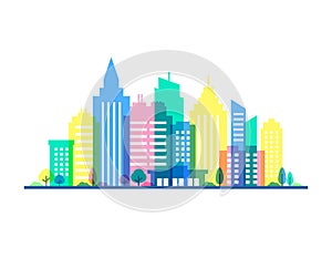 City illustration with punchy pastels colors. Flat style silhouettes of buildings on white background. Cityscape