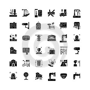 City infrastructure black glyph icons set on white space