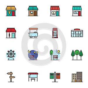City infrastructure filled outline icons set