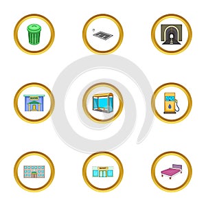 City infrastructure icons set, cartoon style