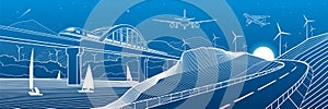 City infrastructure industrial and transport illustration panorama. Train travels along  railway bridge over river. Automobile roa
