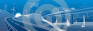 City infrastructure industrial and transport illustration panorama. Train travels along  railway bridge over river. Automobile roa